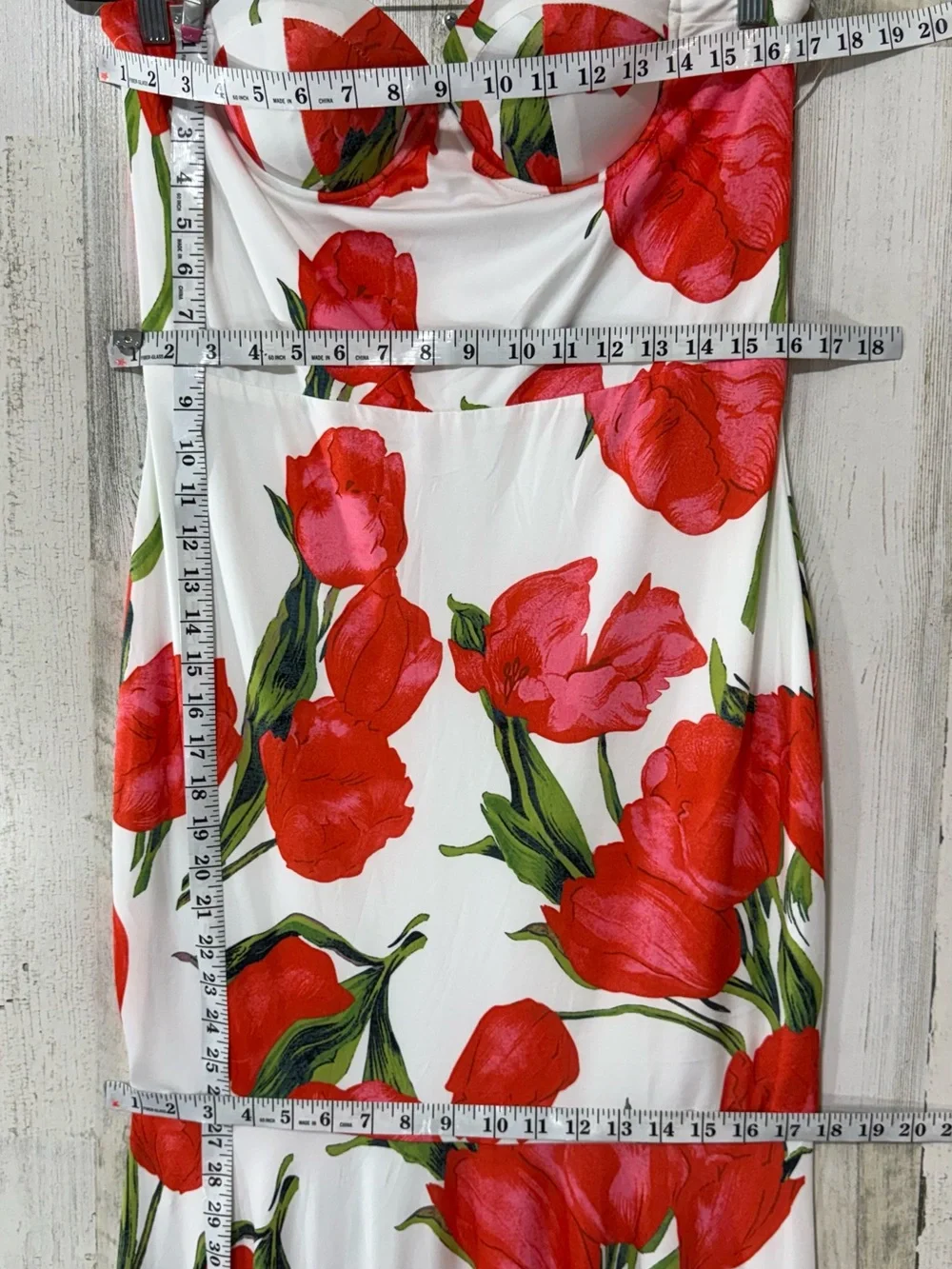 Strapless Mermaid Style Dress with Red Floral Print and Fitted Bodice